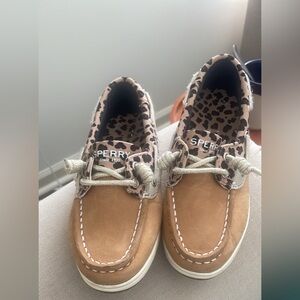Sperry Kids Tan Boat Shoes with Leopard Print